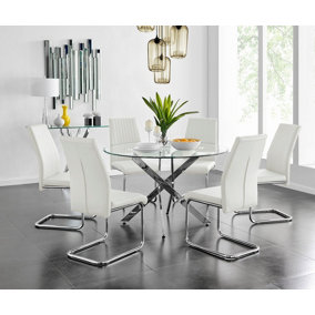 Furniturebox UK Novara Chrome Metal And Glass Large Round Dining Table And 6 White Lorenzo Chairs Set