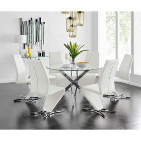 Furniturebox UK Novara Chrome Metal And Glass Large Round Dining Table And 6 White Willow Chairs Set