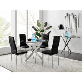 Furniturebox UK Novara Chrome Metal Round Glass Dining Table And 4 Black Velvet Milan Chairs
