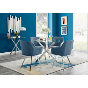 Furniturebox UK Novara Chrome Metal Round Glass Dining Table And 4 Blue Falun Silver Leg Chairs
