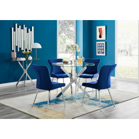 Furniturebox UK Novara Chrome Metal Round Glass Dining Table And 4 Blue Nora Silver Leg Chairs