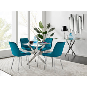 Furniturebox UK Novara Chrome Metal Round Glass Dining Table And 4 Blue Pesaro Silver Leg Chairs