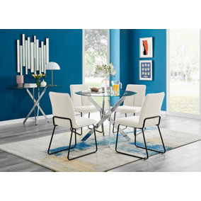 Furniturebox UK Novara Chrome Metal Round Glass Dining Table And 4 Cream Halle Chairs