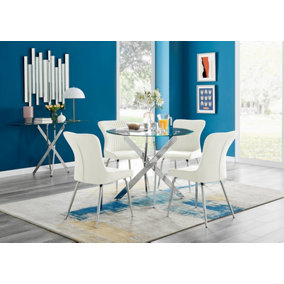 Furniturebox UK Novara Chrome Metal Round Glass Dining Table And 4 Cream Nora Silver Leg Chairs