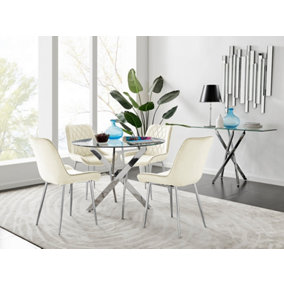 Furniturebox UK Novara Chrome Metal Round Glass Dining Table And 4 Cream Pesaro Silver Leg Chairs