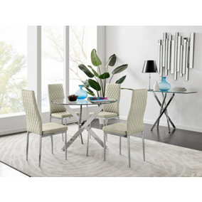 Furniturebox UK Novara Chrome Metal Round Glass Dining Table And 4 Cream Velvet Milan Chairs