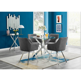 Furniturebox UK Novara Chrome Metal Round Glass Dining Table And 4 Dark Grey Falun Silver Leg Chairs