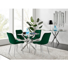 Furniturebox UK Novara Chrome Metal Round Glass Dining Table And 4 Green Pesaro Silver Leg Chairs