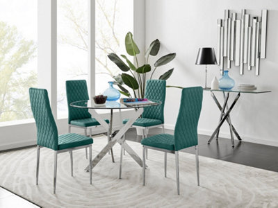 Furniturebox UK Novara Chrome Metal Round Glass Dining Table And 4 Green Velvet Milan Chairs