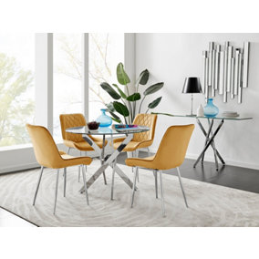 Furniturebox UK Novara Chrome Metal Round Glass Dining Table And 4 Mustard Pesaro Silver Leg Chairs