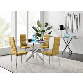 Furniturebox UK Novara Chrome Metal Round Glass Dining Table And 4 Mustard Velvet Milan Chairs