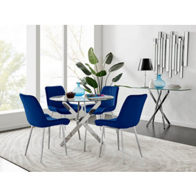 Furniturebox UK Novara Chrome Metal Round Glass Dining Table And 4 Navy Pesaro Silver Leg Chairs