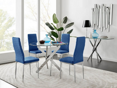 Furniturebox UK Novara Chrome Metal Round Glass Dining Table And 4 Navy Velvet Milan Chairs