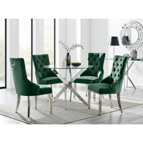 Furniturebox UK Novara Chrome Metal Round Glass Dining Table And 4 Velvet Belgravia Chairs