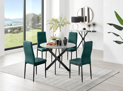 Furniturebox UK Novara Grey Concrete Effect Black Leg Round Dining Table & 4 Green Velvet Milan Black Leg Chairs