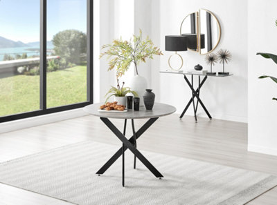 Furniturebox UK Novara Grey Concrete Effect Black Leg Round Dining Table & 4 Green Velvet Milan Black Leg Chairs