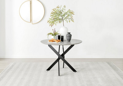 Furniturebox UK Novara Grey Concrete Effect Black Leg Round Dining Table & 4 Green Velvet Milan Black Leg Chairs