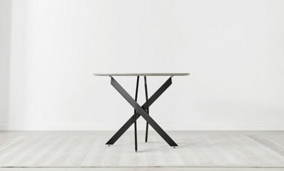 Furniturebox UK Novara Grey Concrete Effect Black Leg Round Dining Table & 4 Green Velvet Milan Black Leg Chairs