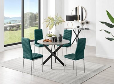 Furniturebox UK Novara Grey Concrete Effect Black Leg Round Dining Table & 4 Green Velvet Milan Chairs