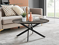 Furniturebox UK Novara Round Coffee Table With Grey Glass Marble Effect Top And Black Legs