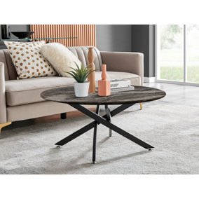 Furniturebox UK Novara Round Coffee Table With Grey Glass Marble Effect Top And Black Legs