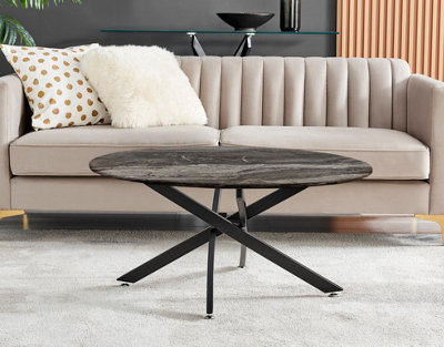 Furniturebox UK Novara Round Coffee Table With Grey Glass Marble Effect Top And Black Legs
