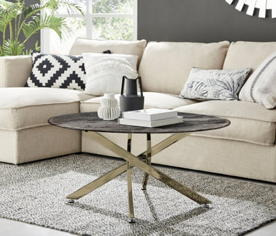 Furniturebox UK Novara Round Coffee Table With Grey Glass Marble Effect Top And Gold Legs