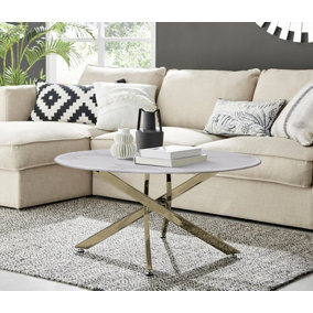 Furniturebox UK Novara Round Coffee Table With White Glass Marble Effect Top And Gold Legs