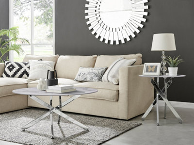 Furniturebox UK Novara Round Coffee Table With White Glass Marble Effect Top And Silver Legs