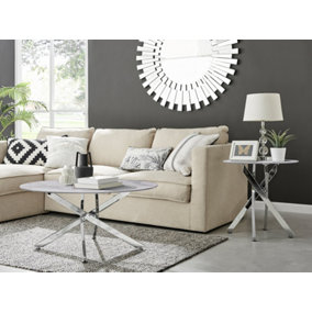 Furniturebox UK Novara Round Coffee Table With White Glass Marble Effect Top And Silver Legs