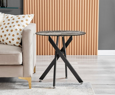 Furniturebox UK Novara Round Side Table With Grey Glass Marble Effect Top And Black Legs