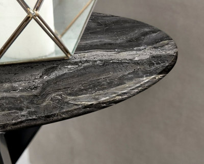 Furniturebox UK Novara Round Side Table With Grey Glass Marble Effect Top And Black Legs