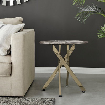 Furniturebox UK Novara Round Side Table With Grey Glass Marble Effect Top And Gold Legs
