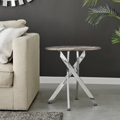 Furniturebox UK Novara Round Side Table With Grey Glass Marble Effect Top And Silver Legs