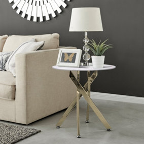 Furniturebox UK Novara Round Side Table With White Glass Marble Effect Top And Gold Legs