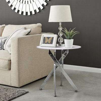 Furniturebox UK Novara Round Side Table With White Glass Marble Effect Top And Silver Legs