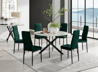 Furniturebox UK Novara White Marble Black Leg 120cm Round Dining Table & 6 Green Velvet Milan Black Leg Chairs