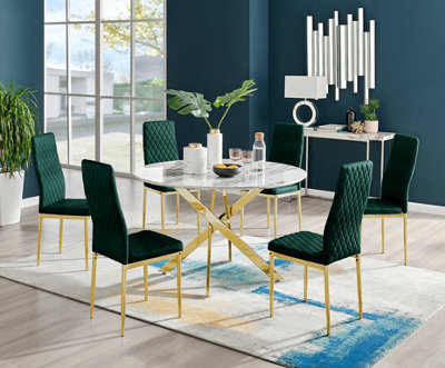 Furniturebox UK Novara White Marble Gold Leg 120cm Round Dining Table & 6 Green Velvet Milan Gold Leg Chairs