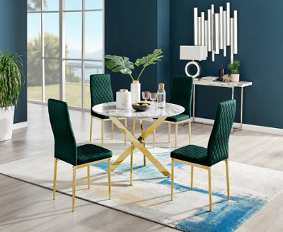 Furniturebox UK Novara White Marble Gold Leg Round Dining Table & 4 Green Velvet Milan Gold Leg Chairs