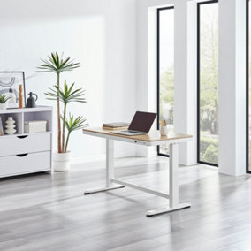 Furniturebox UK Office Standing Desk - Atticus Electric Height Adjustable Desk - White Gaming Desk - Oak Effect & White Legs