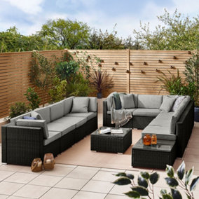 Furniturebox UK Orlando 10 Seat Modular Outdoor Garden Sofa - Black Rattan Garden Sofa with Grey, Cushions - Garden Coffee Table