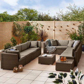 Furniturebox UK Orlando 10 Seat Modular Outdoor Garden Sofa - Brown Rattan Garden Sofa with Grey Cushions - Free Cover