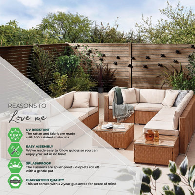 Furniturebox UK Orlando 10 Seat Modular Outdoor Garden Sofa - Brown Rattan Garden Sofa with Grey Cushions - Free Cover