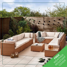 Furniturebox UK Orlando 10 Seat Modular Outdoor Garden Sofa - Natural PE Rattan Garden Sofa with Cushions - Garden Coffee Table