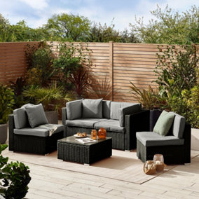 Furniturebox UK Orlando 4 Seat Modular Outdoor Garden Sofa - Black Rattan Garden Sofa with Grey Cushions - Garden Coffee Table