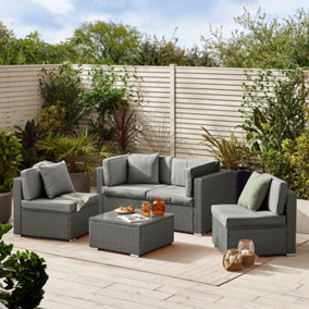 Furniturebox UK Orlando 4 Seat Modular Outdoor Garden Sofa - Grey Rattan Garden Sofa with Grey Cushions - Free Cover
