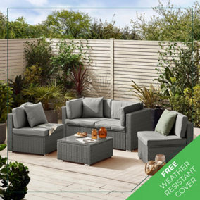 Furniturebox UK Orlando 4 Seat Modular Outdoor Garden Sofa - Grey Rattan Garden Sofa with Grey Cushions - Garden Coffee Table