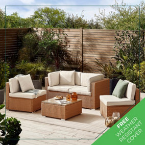 Furniturebox UK Orlando 4 Seat Modular Outdoor Garden Sofa - Warm Rattan Garden Sofa with Taupe, Cushions - Garden Coffee Table