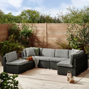 Furniturebox UK Orlando 6 Seat Modular Outdoor Garden Sofa - Black Rattan Garden Sofa with Grey, Cushions - Free Cover