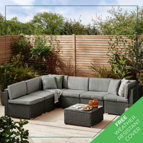Furniturebox UK Orlando 6 Seat Modular Outdoor Garden Sofa - Black Rattan Garden Sofa with Grey, Cushions - Garden Coffee Table